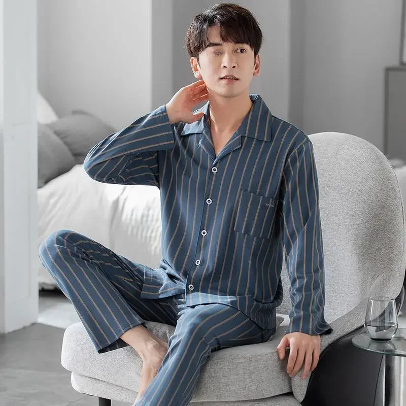 Men's Cotton Pajama Set, Lightweight Long Sleeve Casual Cardigan Suit