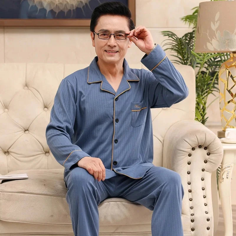 Men's Pure Cotton Long Sleeve Sleepwear Plaid Home Clothes Nightgown