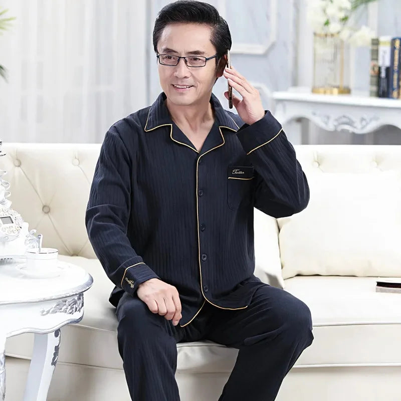 Men's Pure Cotton Long Sleeve Sleepwear Plaid Home Clothes Nightgown
