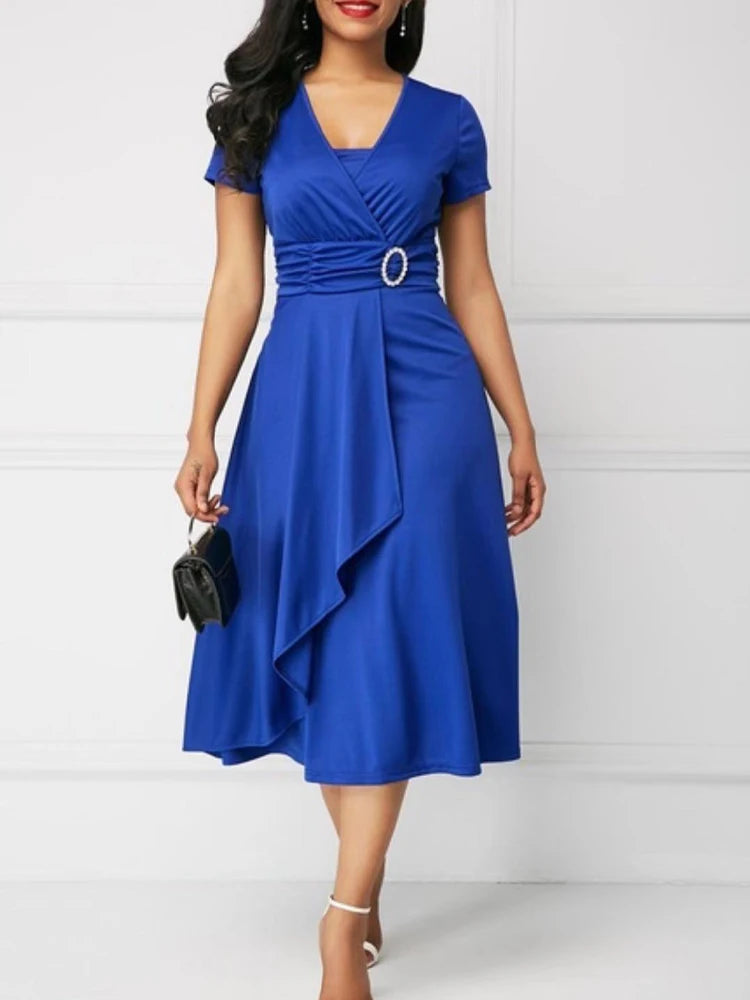 Ladies Short Sleeve V Neck Asymmetric Elegant Dresses