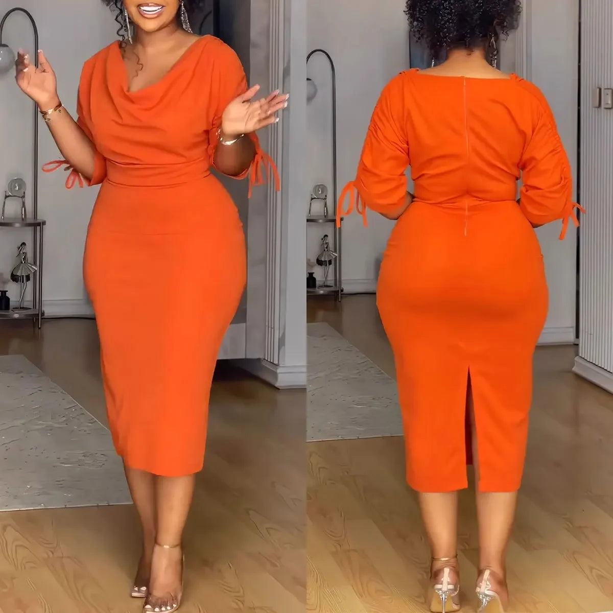 Waist-Fitted Elastic Dress With Back Side Slip Ruching Female Fashion