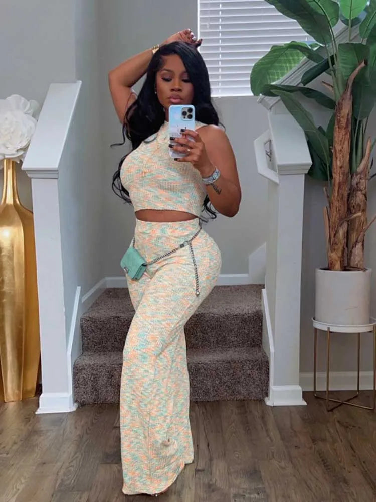 Women's Outfits: Stretchy Knitted Suit Sexy Sleeveless Top and Pants