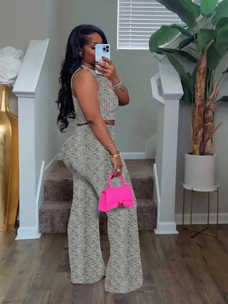 Women's Outfits: Stretchy Knitted Suit Sexy Sleeveless Top and Pants