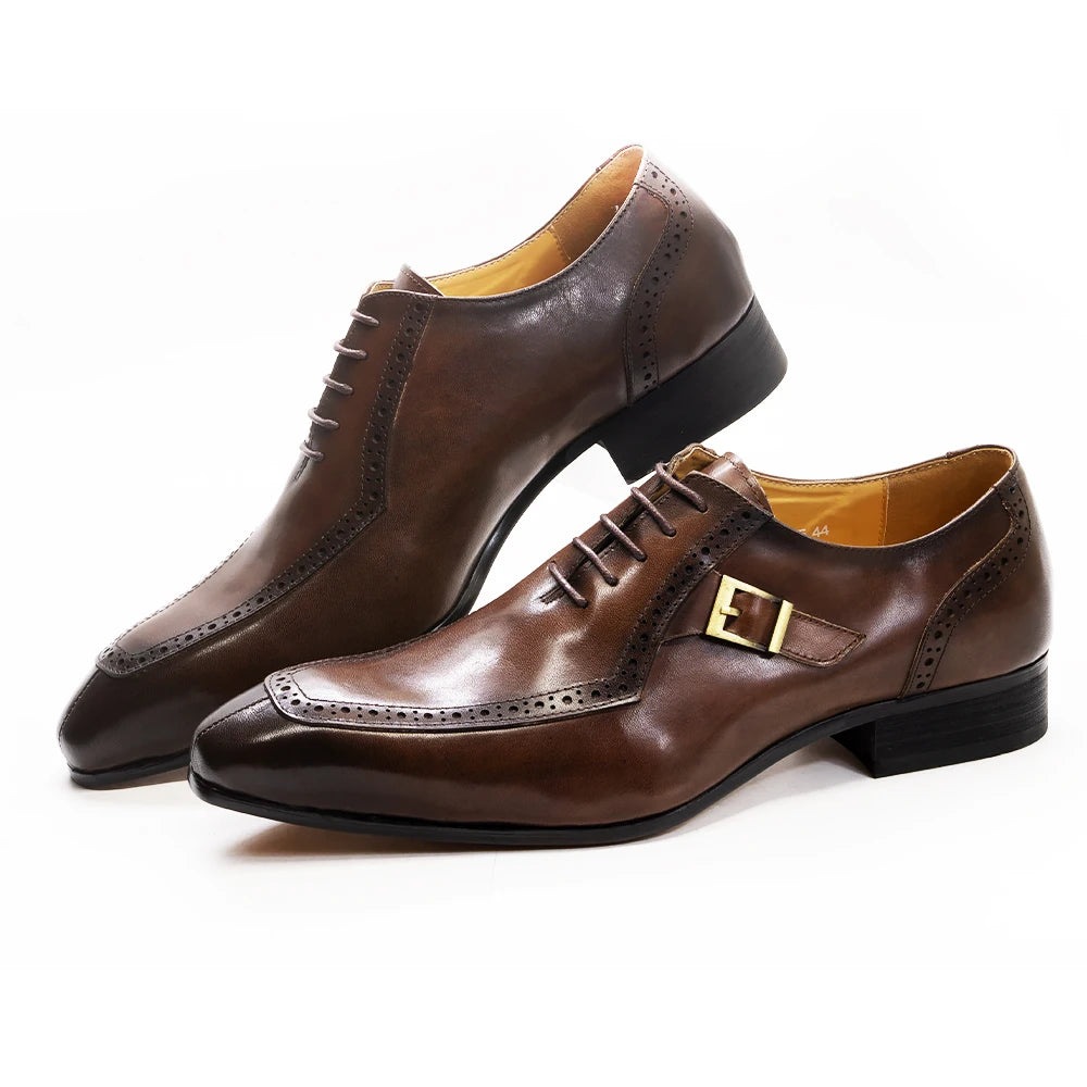 Luxury Leather Formal Shoes Lace Up Buckle Pointed Toe Shoes for Men