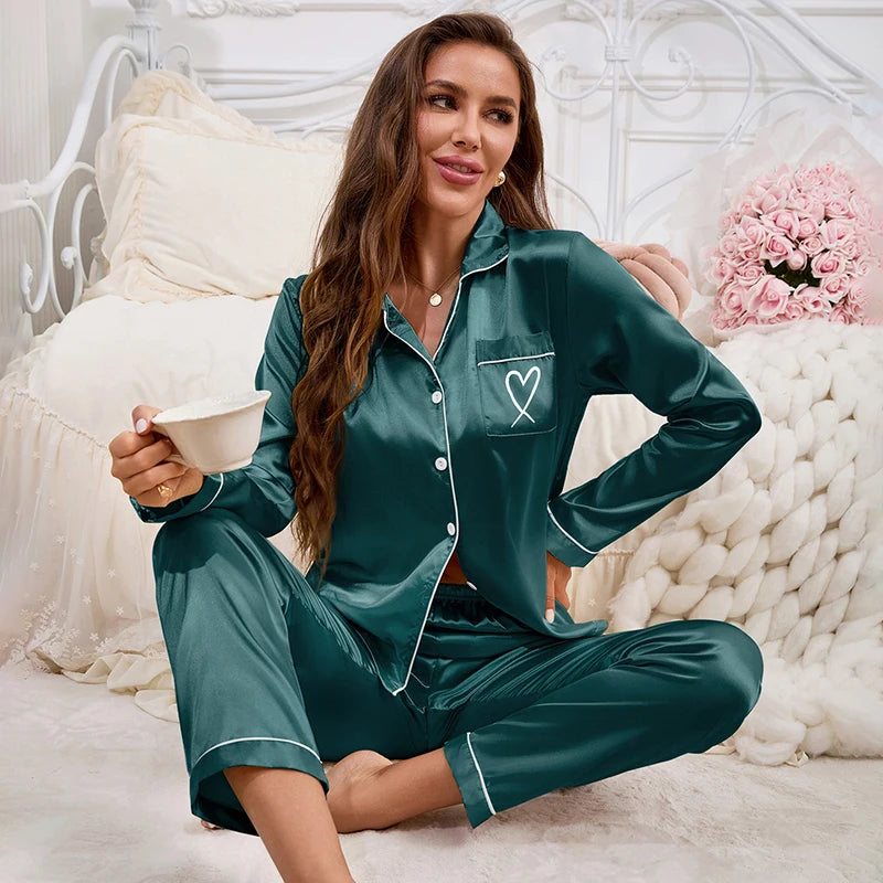 Chic Pajama Embroidery Long Sleeve Tops with Long Pants Outfit Set