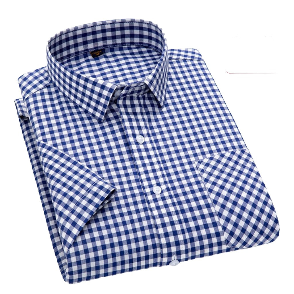 Men's Stylish Cotton Short-Sleeve Casual Button-Up Gingham Dress Shirt
