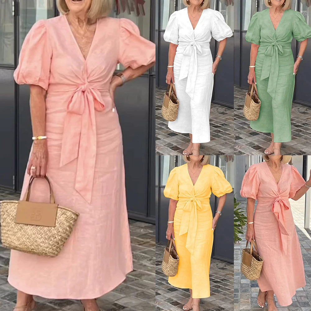 Plus Size Women's Solid Elegant V-Neck Lace-Up Puff Sleeve Maxi Dress
