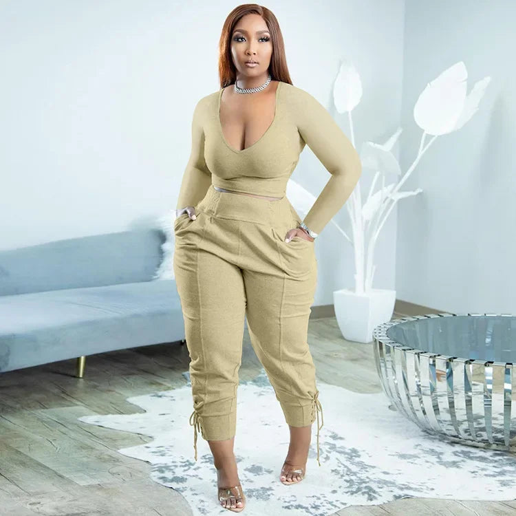 Plus Size Sexy Loose Fit Casual 2-Piece Set for Women V-Neck Pantsuit