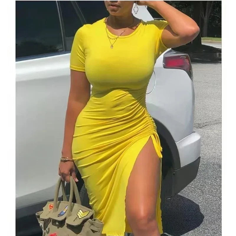 Women's Corduroy Drawstring Knee-Length Loose Waist round Neck Dress