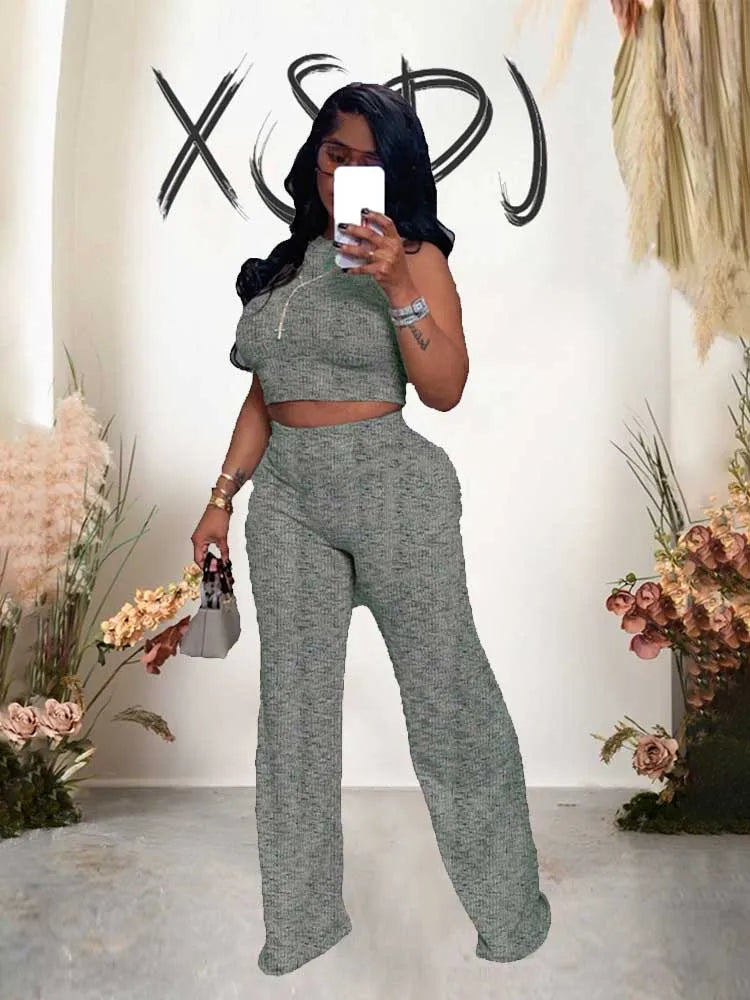 Women's Outfits: Stretchy Knitted Suit Sexy Sleeveless Top and Pants