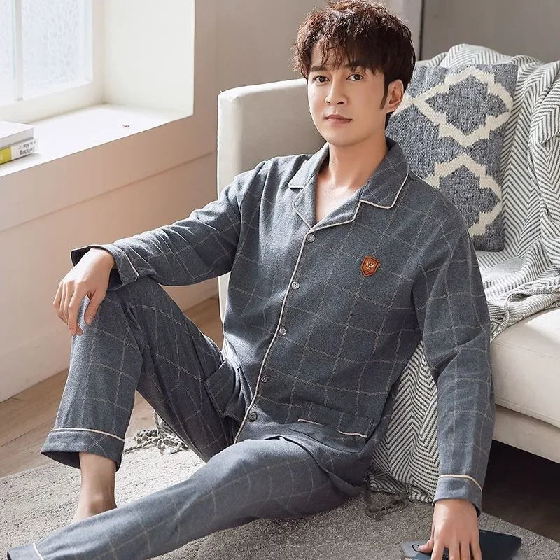 Men's Cotton Pajama Set, Lightweight Long Sleeve Casual Cardigan Suit