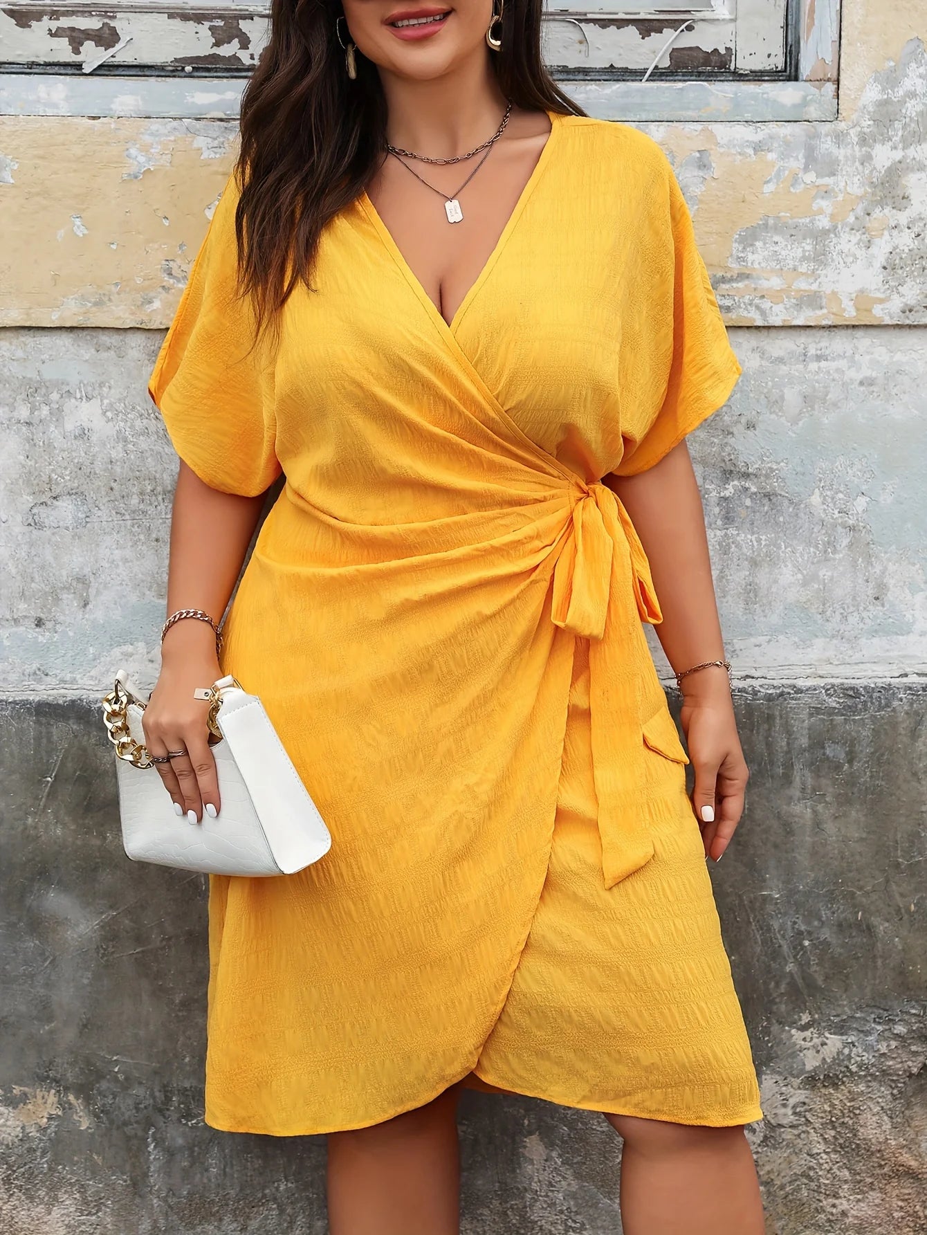 Plus Size Women Elegant Casual Wrap Knot V Neck Lace-up Cardigan Dress