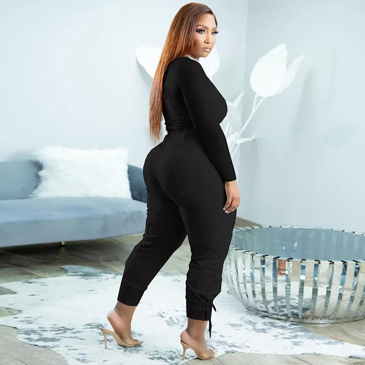 Plus Size Sexy Loose Fit Casual 2-Piece Set for Women V-Neck Pantsuit