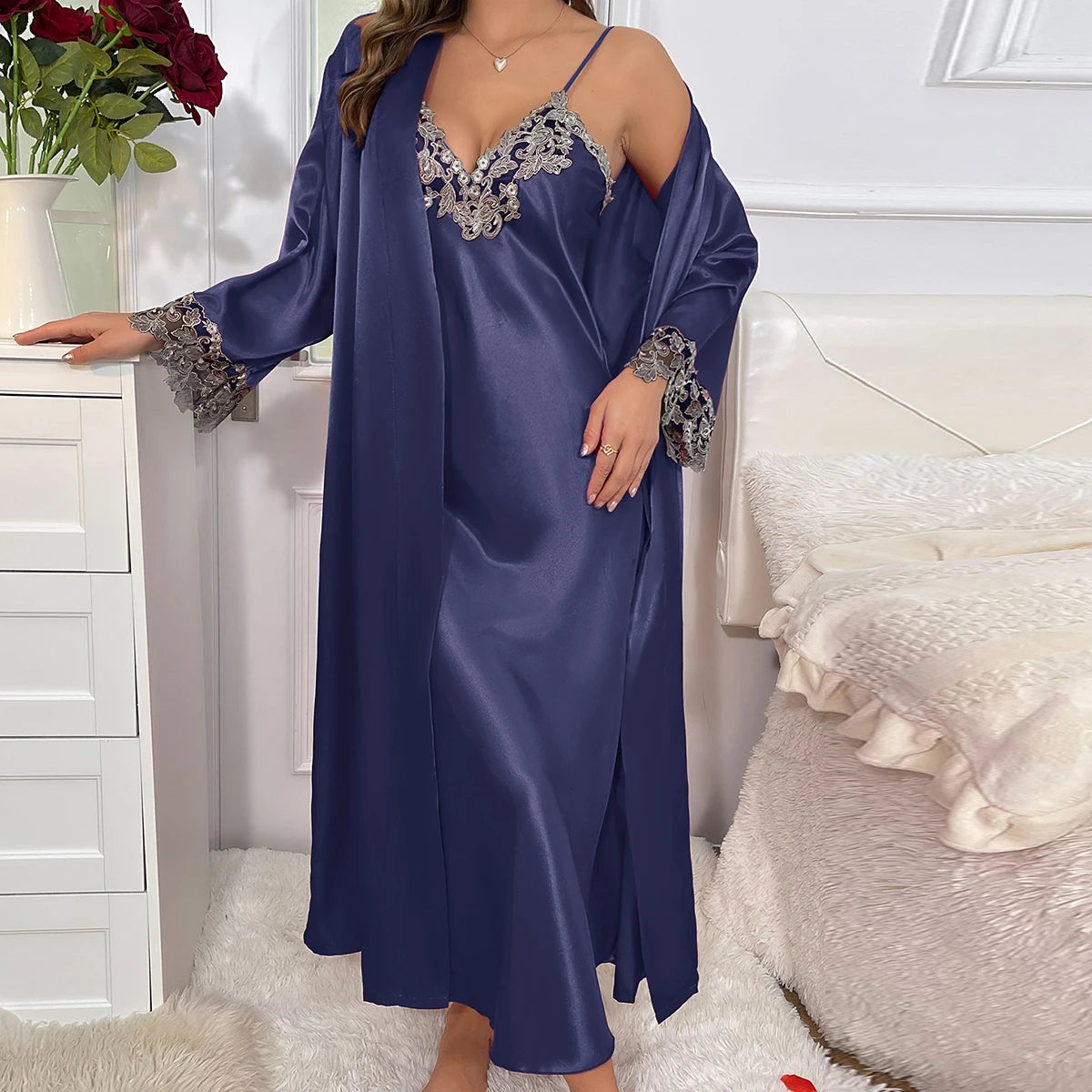 Long Sleeve Belted Robe V Neck Slip Dress Sexy Elegant Women Pajama Sets