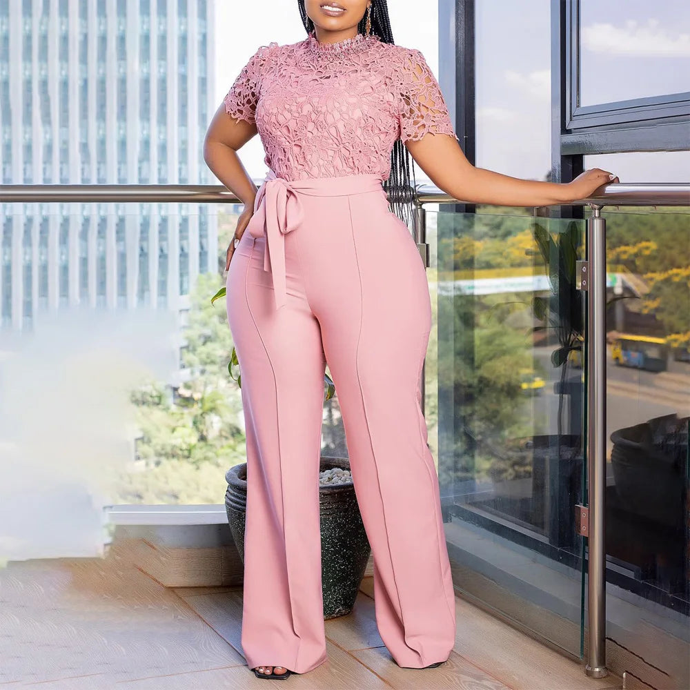 Women O-Neck Lace Patchwork Short Sleeve Sashes High Waist Outfit Set