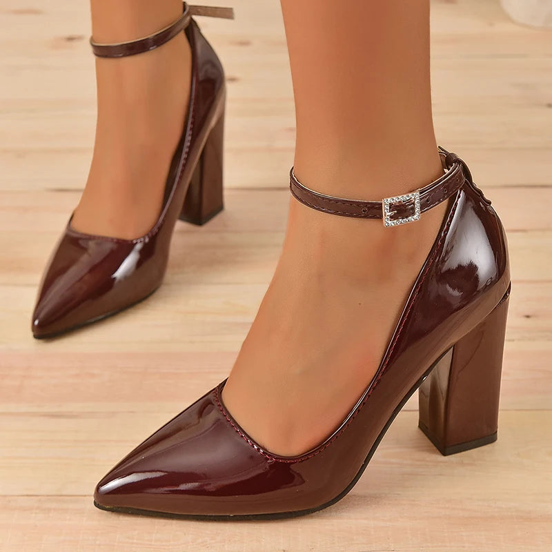 Super High Heel Ankle Strap Pumps Women’s Shoes Pointed Toe Leather