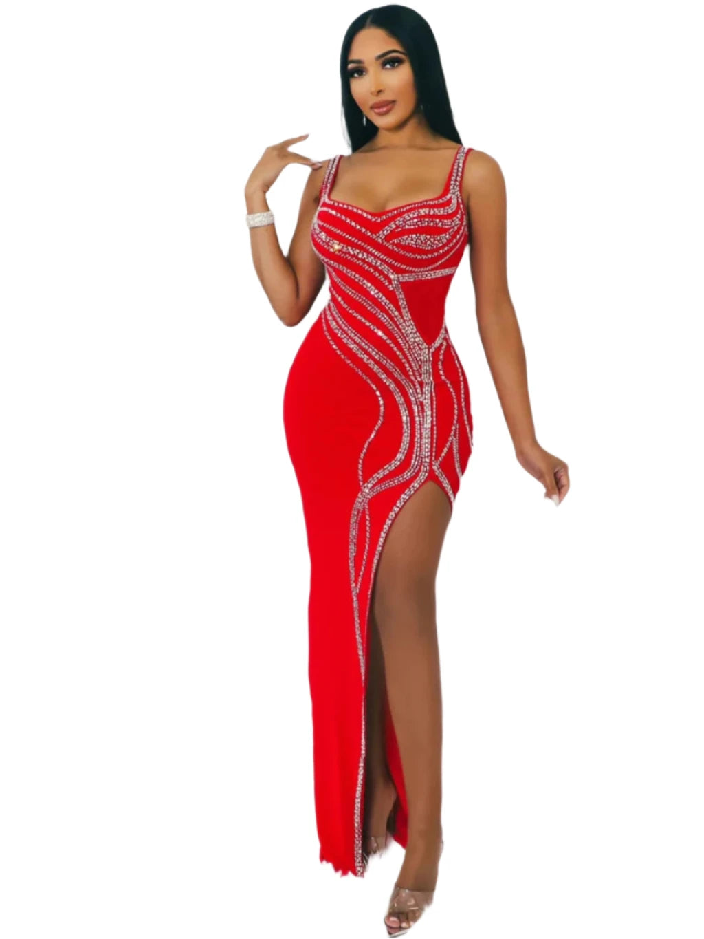 Women's Rhinestones Leg Slit Glam Sleeveless Maxi Club Dress Outfits