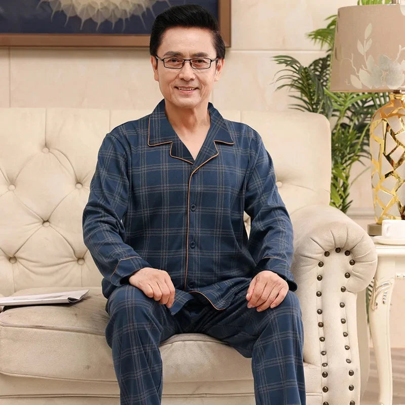 Men's Pure Cotton Long Sleeve Sleepwear Plaid Home Clothes Nightgown
