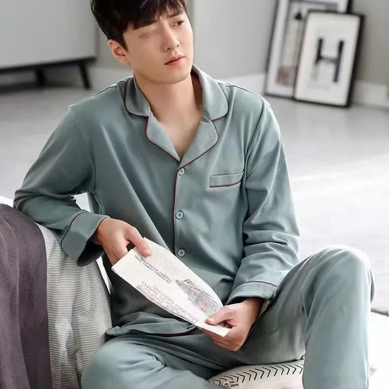 Men's Cotton Pajama Set, Lightweight Long Sleeve Casual Cardigan Suit