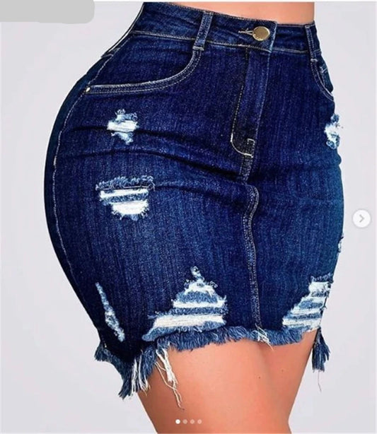 Women Fashion Denim Skirt Ripped Hip Distressed High Waist Jeans