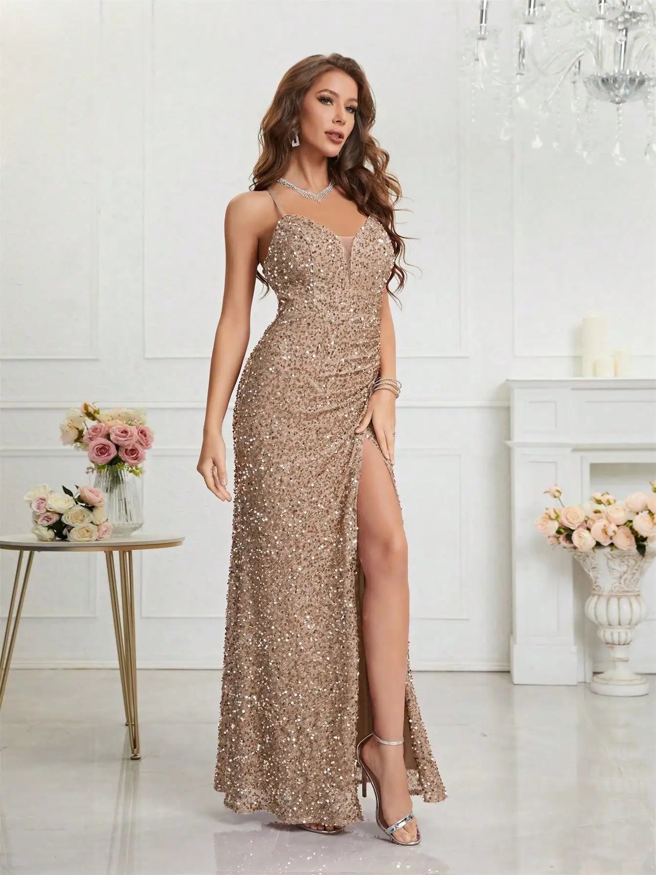 Bodycon Halter Neck Ruched Waist Sequined Formal Cami Women's Dress