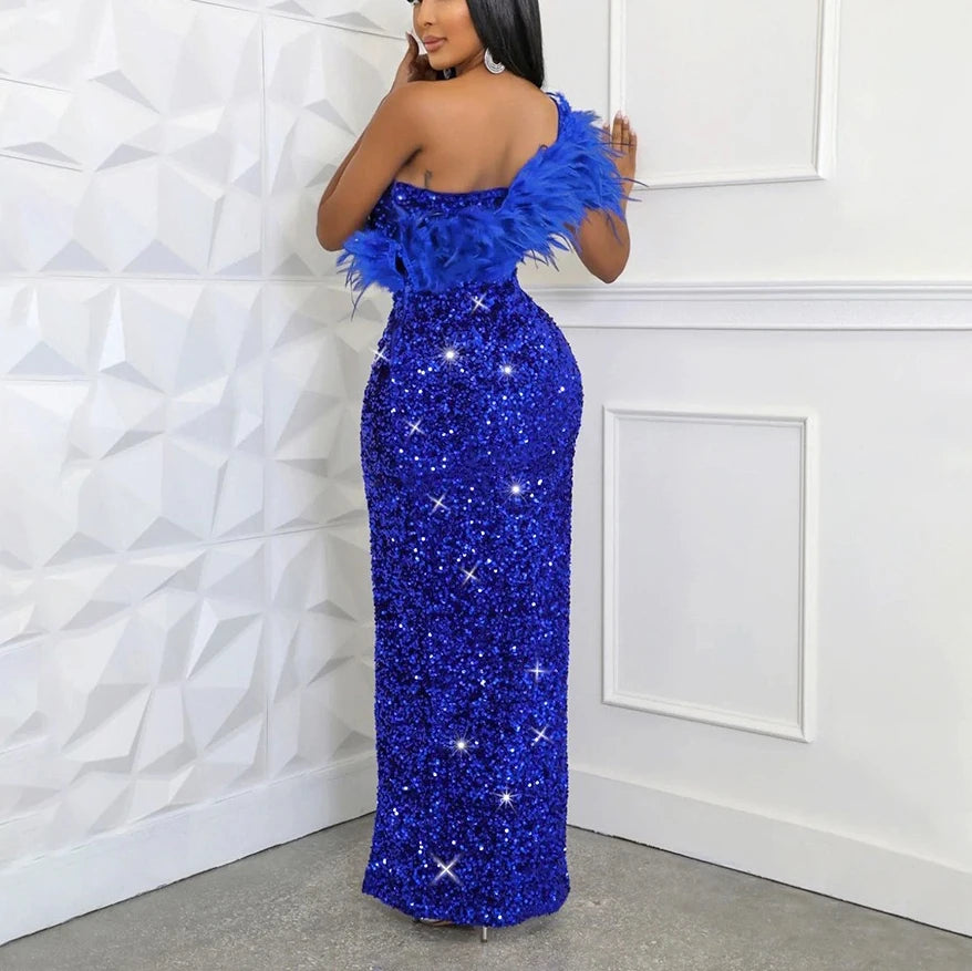 Sexy Dress for Women One Shoulder Sequined Feather Split Floor Length