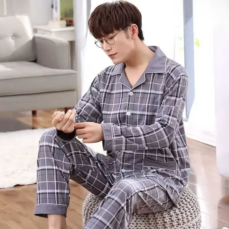 Men's Cotton Pajama Set, Lightweight Long Sleeve Casual Cardigan Suit