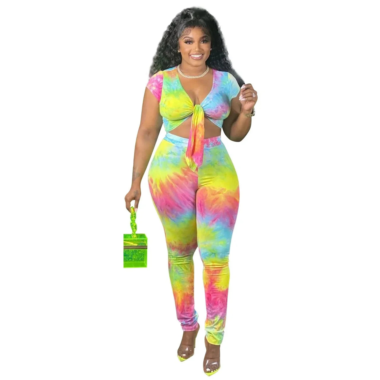 Plus Size Women's Fashion Tie Dye Gradient Print Two Piece Set Sexy Knot