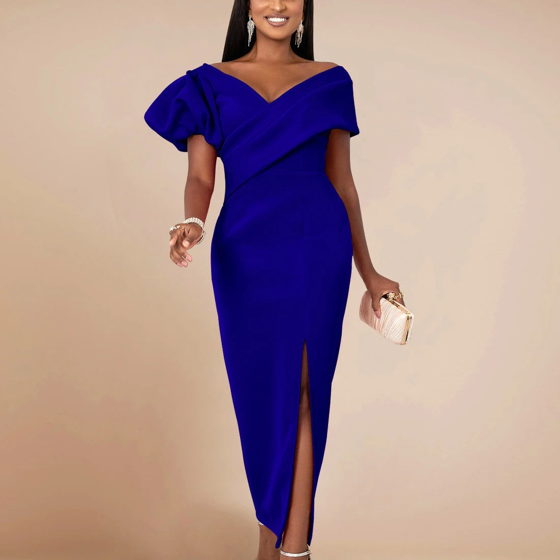 Sexy Bodycon Dresses for Women V Neck Side Split Ankle Length Fashion