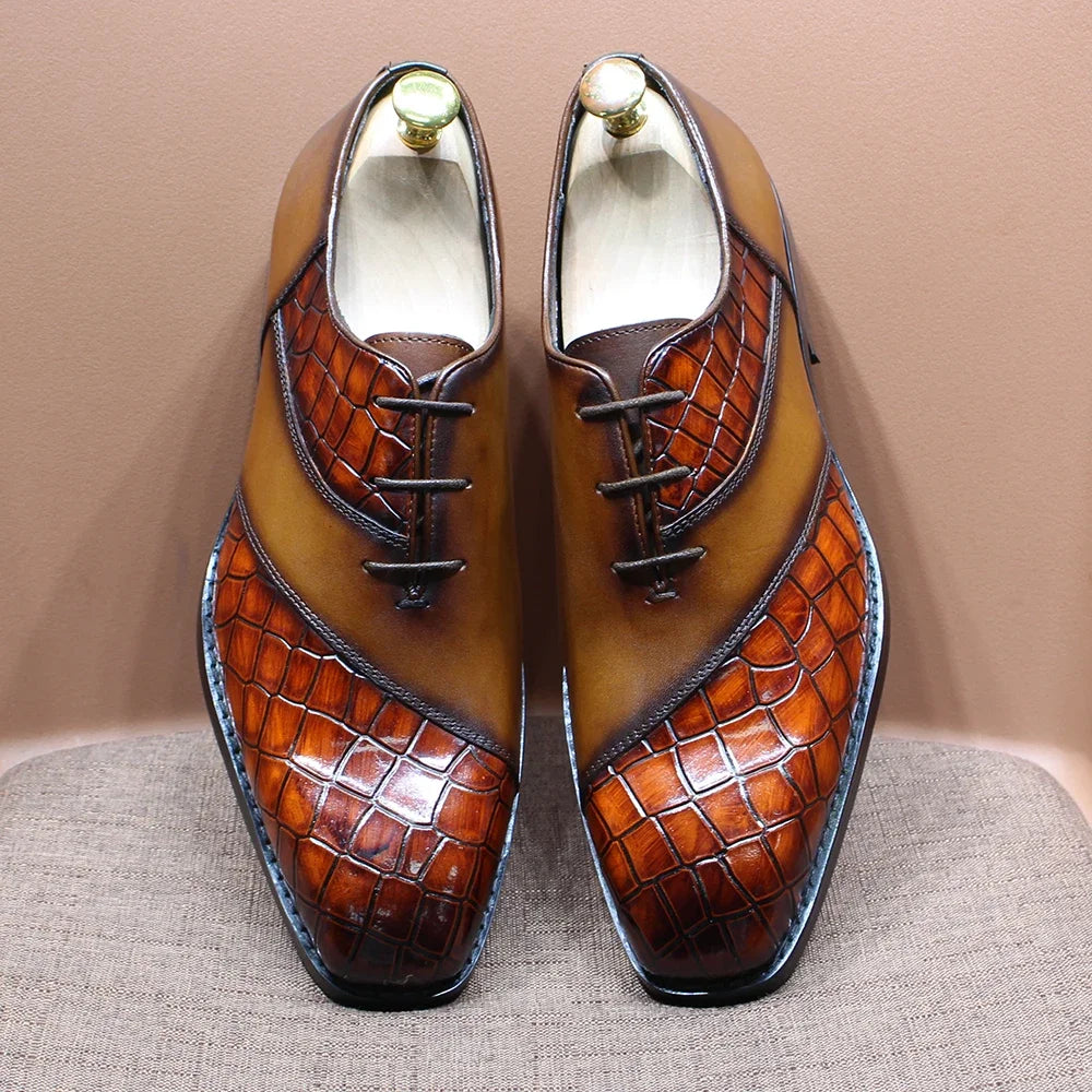 Fashion Mens Oxford Crocodile Pattern Cow Patent Leather Lace Up Formal Dress Shoes