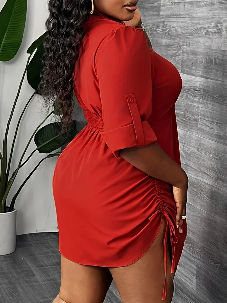 Plus Size Women's Elegant Long Sleeve Shirt Dress for Work, and Party