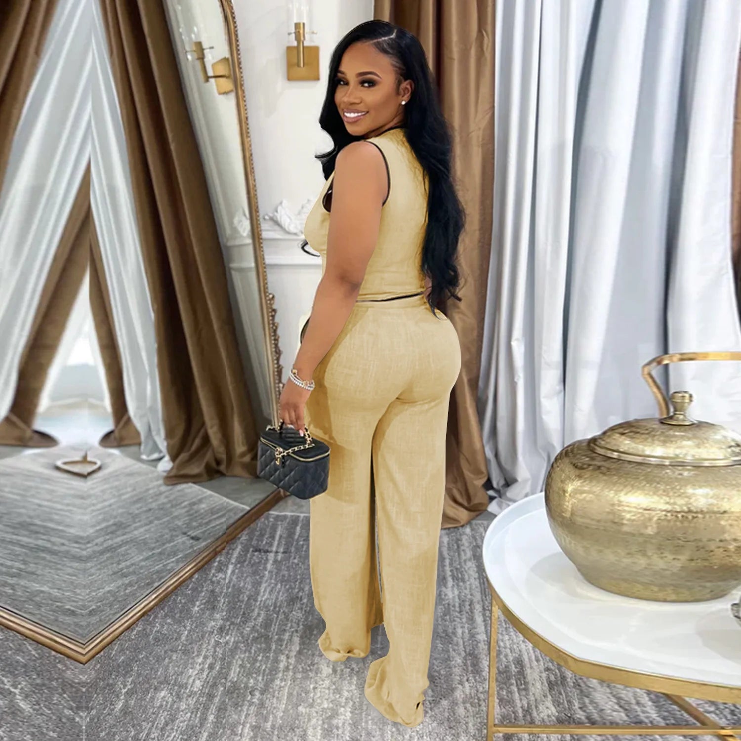 Fashion Women's Strapless Vest Tops and Wide Leg Pants Two 2-Piece Set