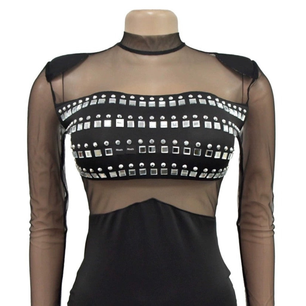 Fashion Sheer Mesh Rhinestones Maxi Women Dress Sexy Party Dresses