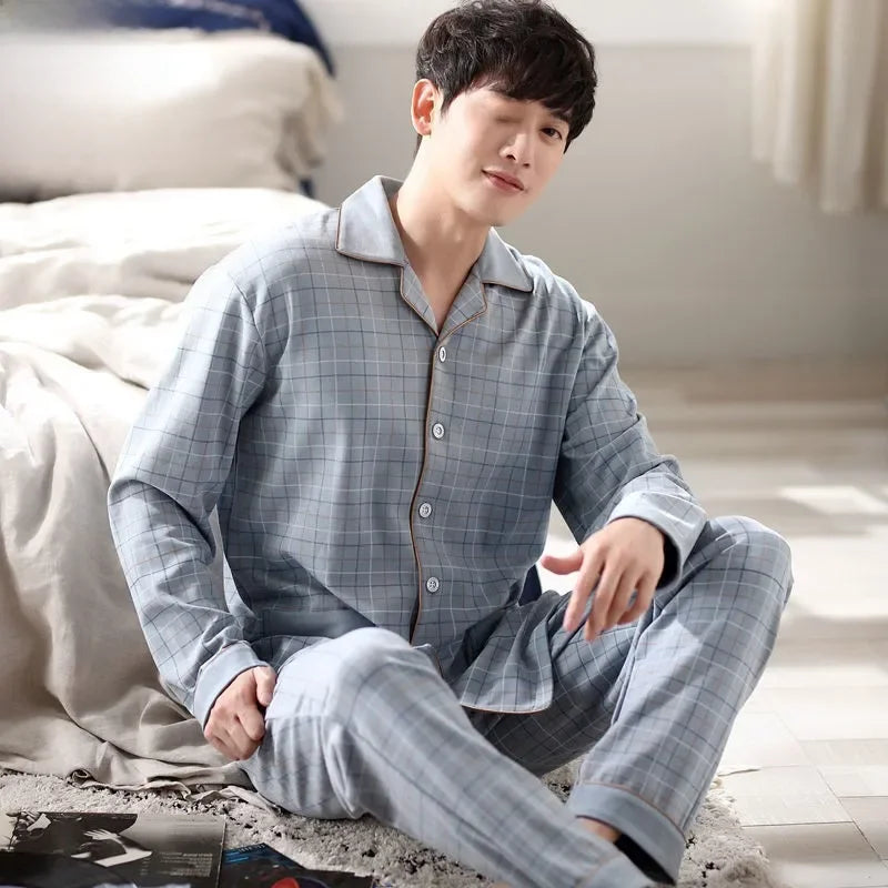 Men's Cotton Pajama Set, Lightweight Long Sleeve Casual Cardigan Suit