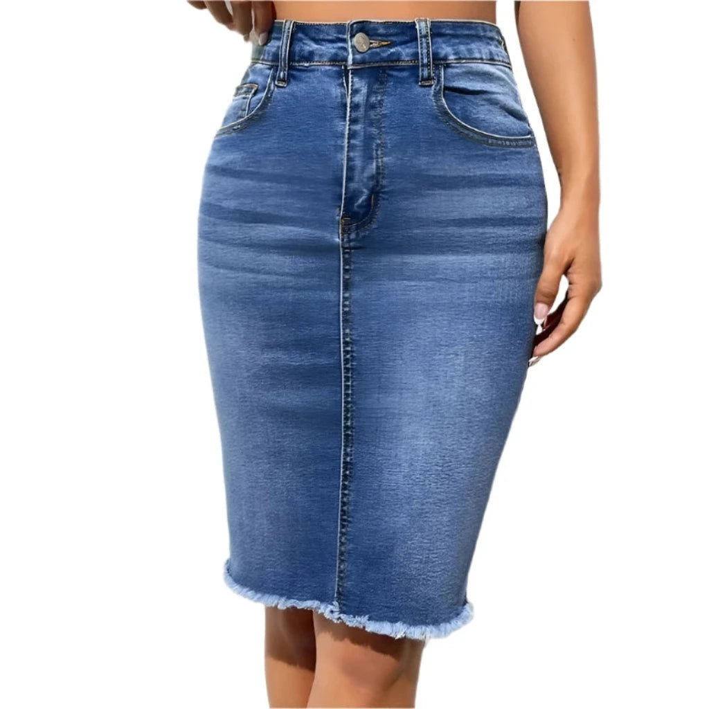 ﻿ ﻿ Women High Waist Denim Skirts Ladies Stretch Jeans Knee Length