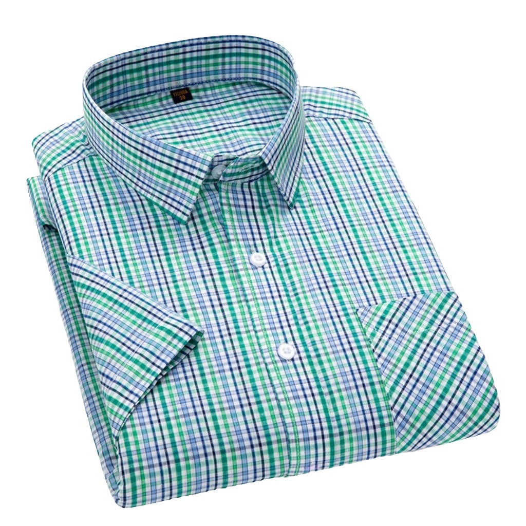 Men Button Up Short Sleeves Casual Cotton Plaid Gingham Dress Shirt