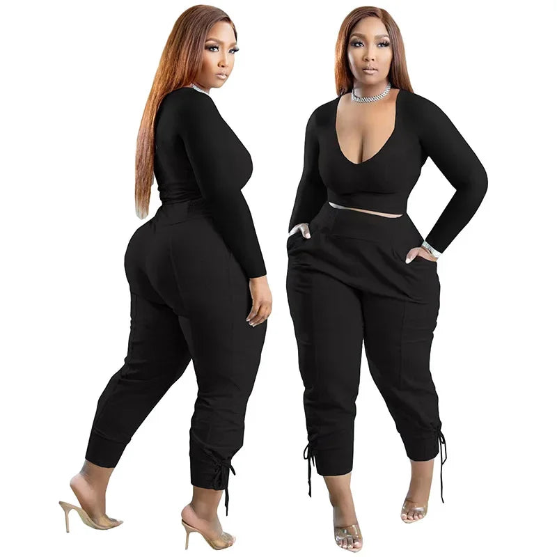 Plus Size Sexy Loose Fit Casual 2-Piece Set for Women V-Neck Pantsuit