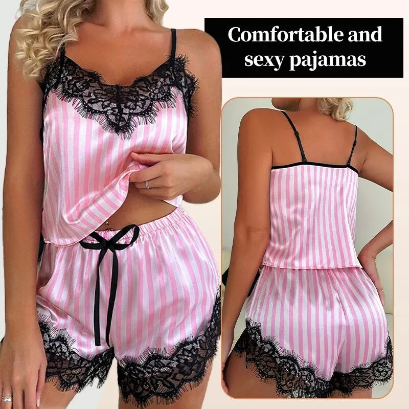 Two Piece Women's V-Neck Sexy Lace Suspender Casual Pajama Shorts Set