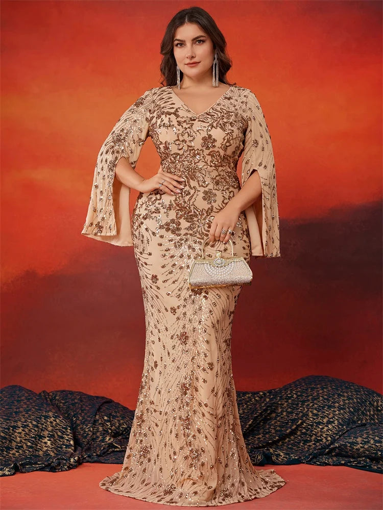 Plus Size Gold Evening Women Long Sleeve Mermaid Formal Sequins Dress