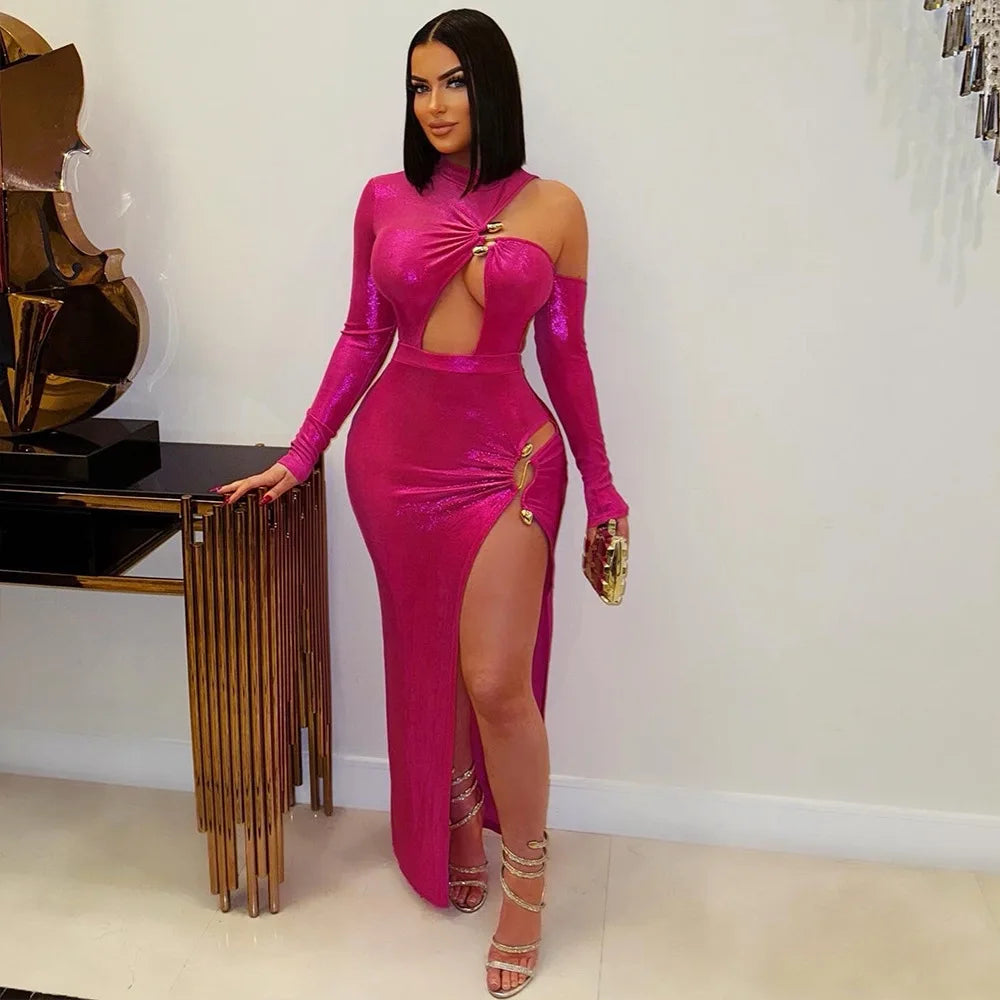 Women Cutout Shoulder High Side Split Gilding Midi Maxi Long Dress