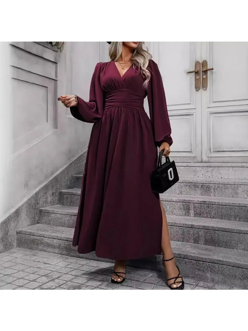 Plus Size Women's Elegant Long Dress V Neck High Waist  Long Sleeve