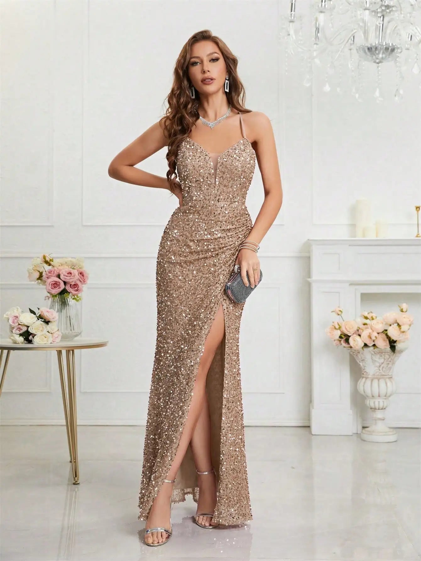 Bodycon Halter Neck Ruched Waist Sequined Formal  Cami Women's Dress