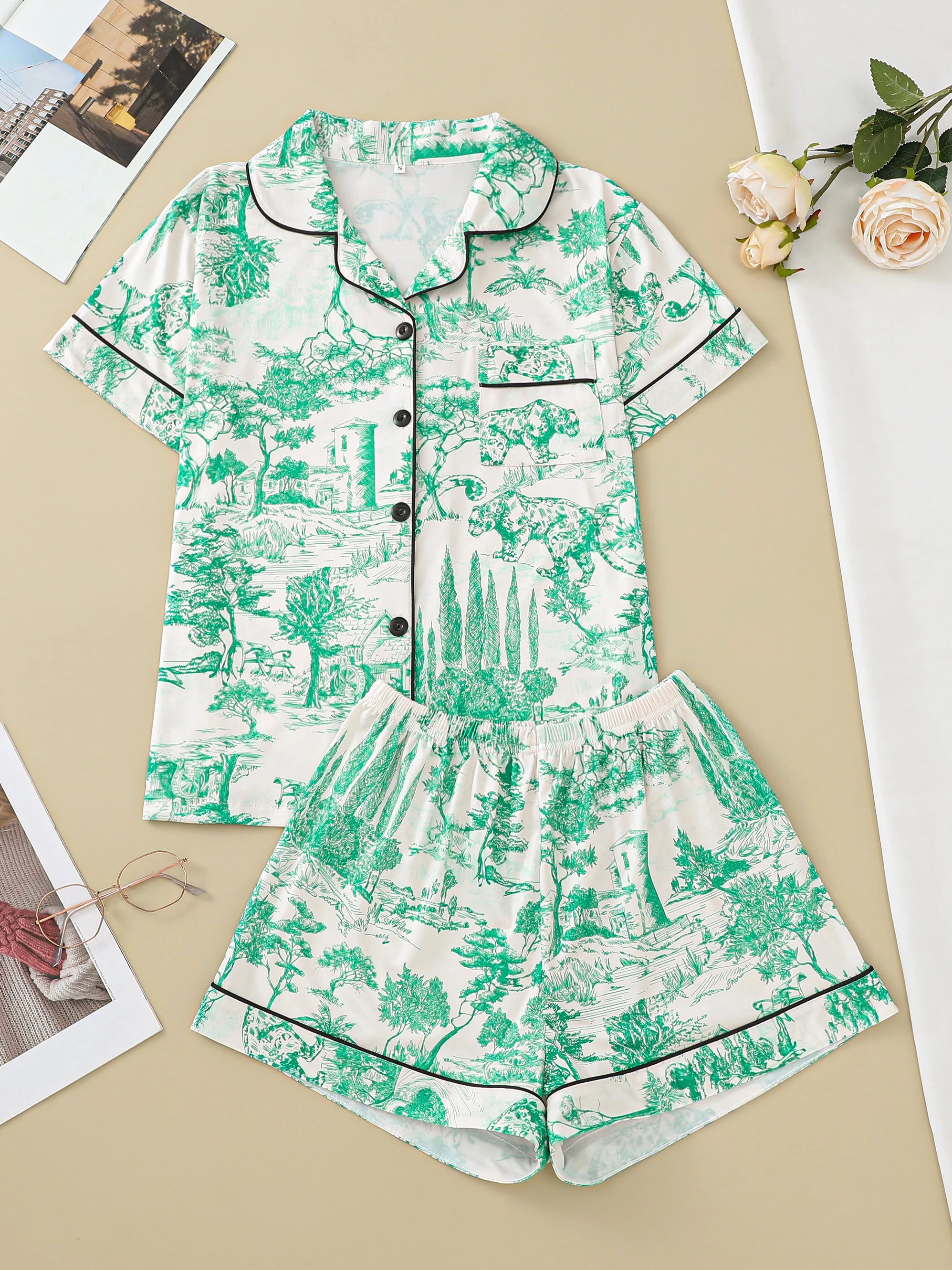 Pajama set, comfortable short-sleeved lapel top loungewear for women