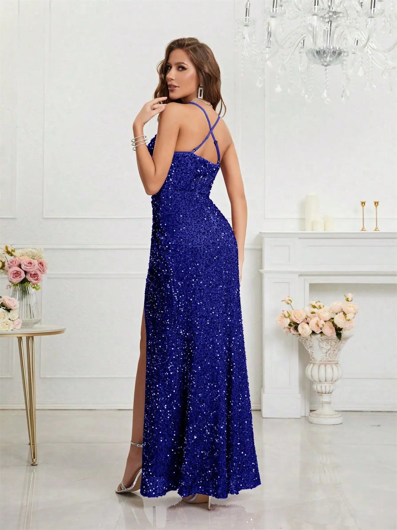 Bodycon Halter Neck Ruched Waist Sequined Formal  Cami Women's Dress