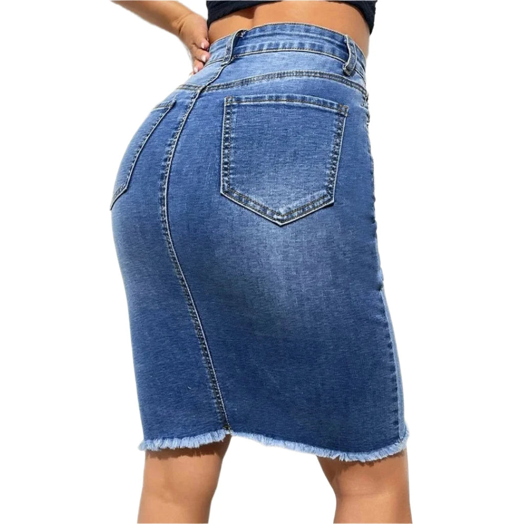 ﻿ ﻿ Women High Waist Denim Skirts Ladies Stretch Jeans Knee Length