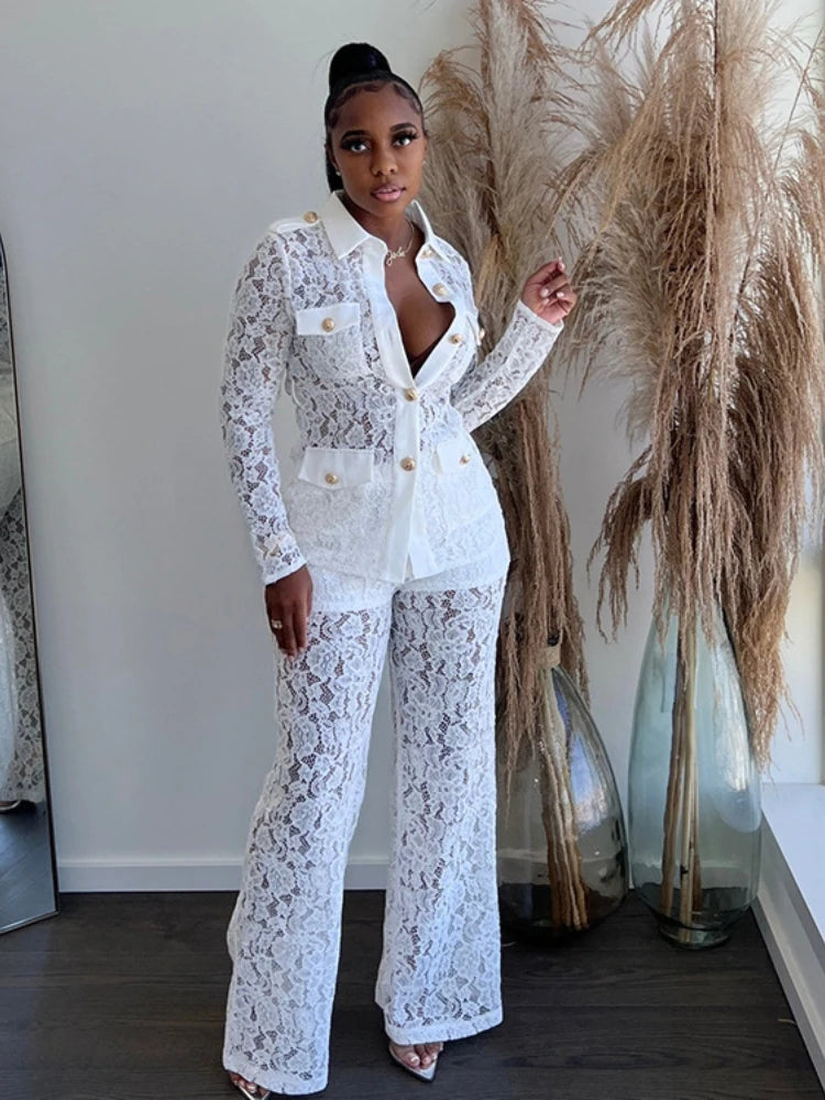 Women's Crochet Lapel Long Sleeve Jumpsuit Two Piece Pants Set Trendy