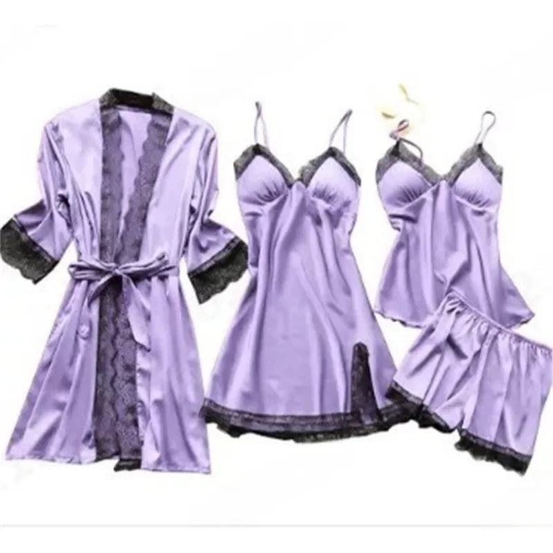 4 Pieces Women's Sexy Lace Pajamas V-Neck Gown Comfort With Chest Pads