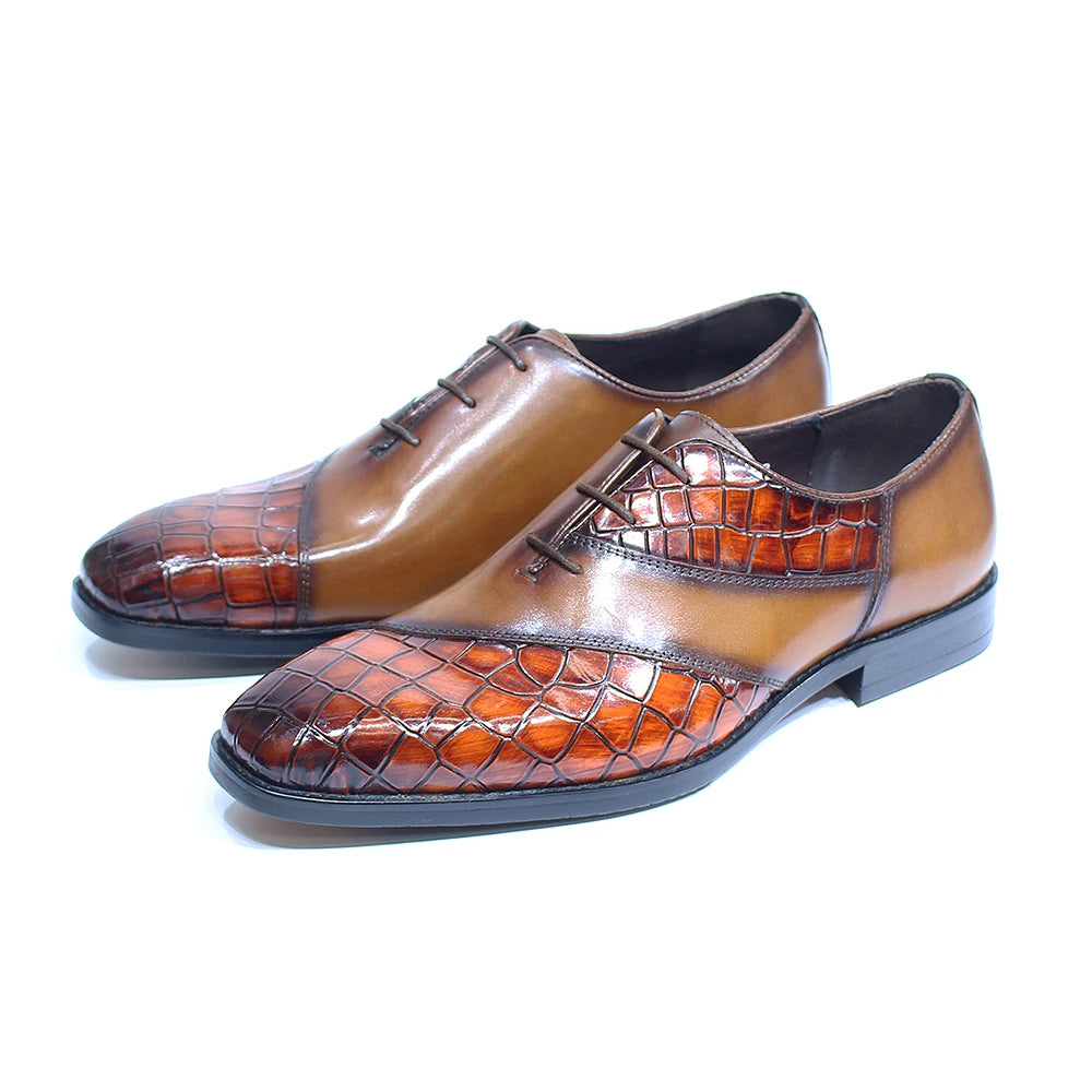 Fashion Mens Oxford Crocodile Pattern Cow Patent Leather Lace Up Formal Dress Shoes