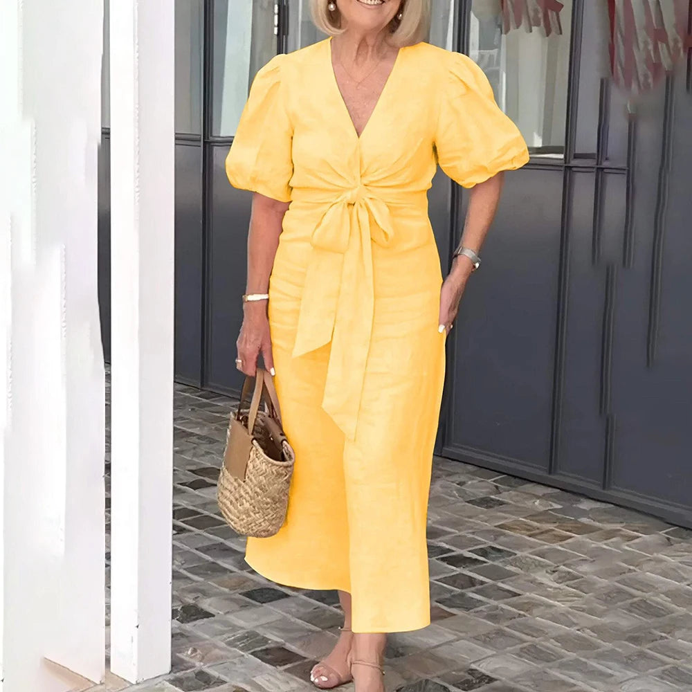 Plus Size Women's Solid Elegant V-Neck Lace-Up Puff Sleeve Maxi Dress