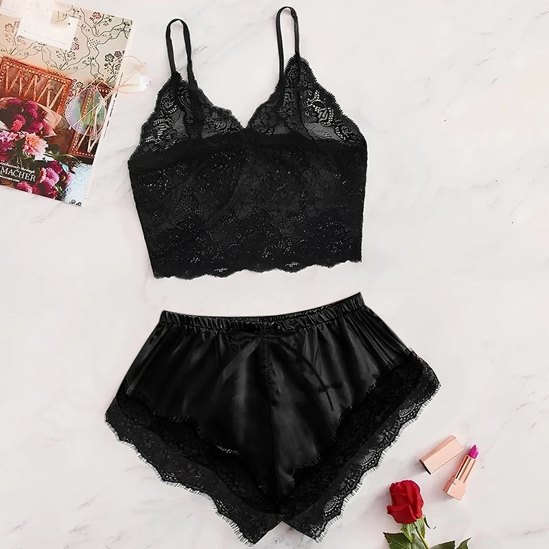 Summer 2 Pcs Women's New Sexy Lace See-Through Pajamas Shorts Set